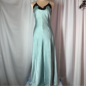 Vtg Treesha Silk Slip Dress Sz M Long Gown Blue Black Lace Sexy Made USA **READ